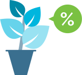 Plant growing with a percent icon in a speech bubble to the right side